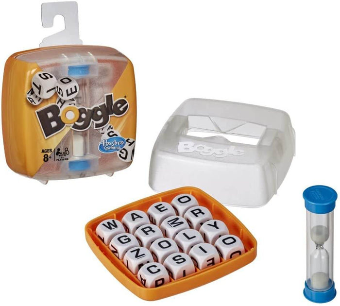 Boggle word game set with 16 letter cubes in an orange tray, clear lid, blue sand timer, and yellow retail box.