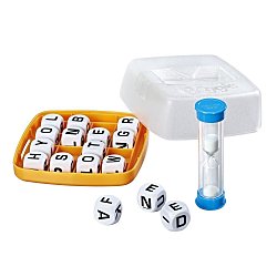 Yellow grid tray filled with white letter cubes, alongside a clear plastic cover and a blue sand timer.
