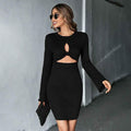 Black Stylish 3Sixty5 Bold-Hollow Mini Wrap Dress, showcasing a fitted design and stylish hollow pattern.