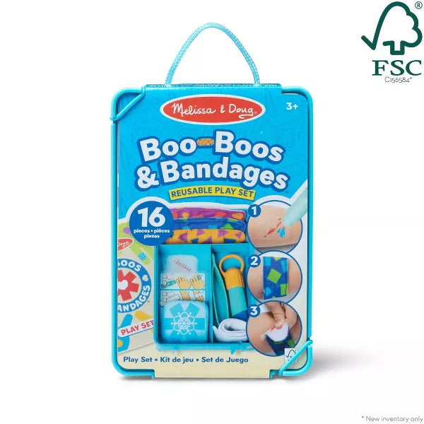 Teal blue plastic carry case with 16 reusable medical toy pieces, including colorful bandages and a blue ice pack.