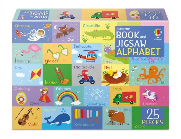 Vibrant toy box featuring a grid of colorful illustrations like a crocodile, helicopter, and rainbow.