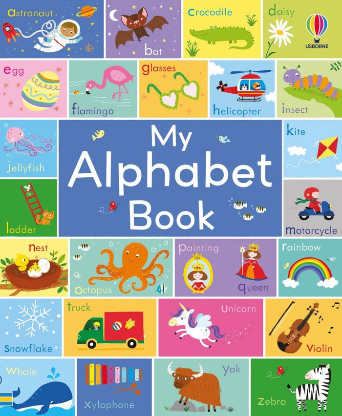 Colorful grid of alphabet illustrations including a flamingo, octopus, and unicorn around the title My Alphabet Book.