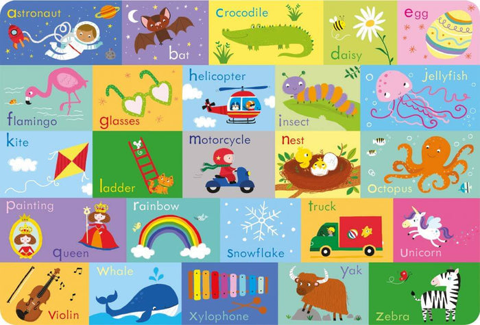 Brightly colored alphabet grid with cartoon illustrations of animals and objects for letters A through Z.