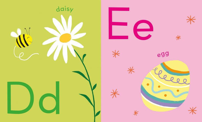 Alphabet book page with green D for daisy and bee, and pink E for decorated egg with stars.
