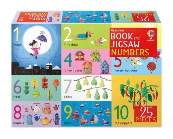 Colorful box showing a grid of numbers 1-10 with whimsical illustrations of dogs, houses, and red peppers.