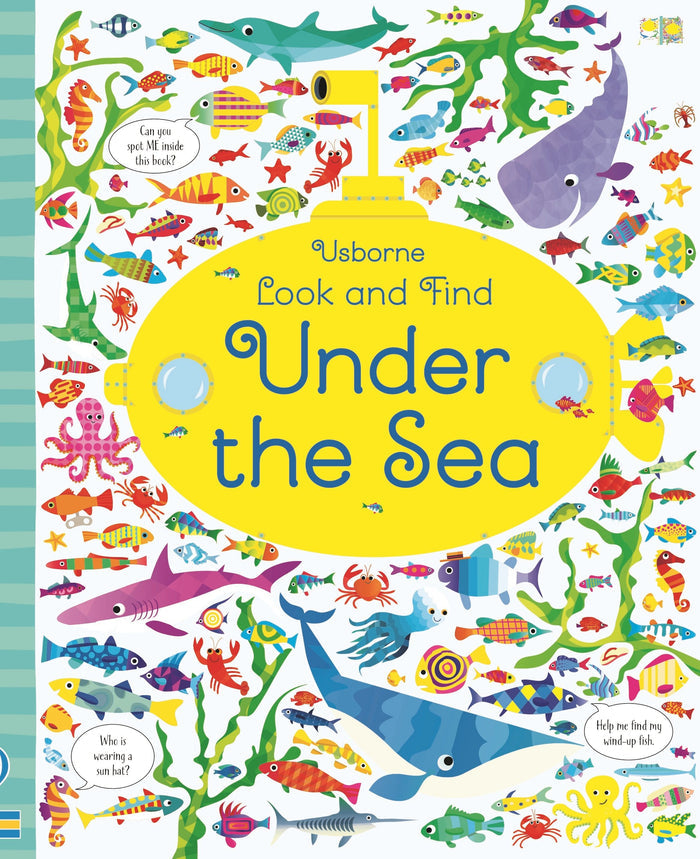 Colorful children's book cover with various cartoon sea creatures surrounding a large yellow submarine title graphic.