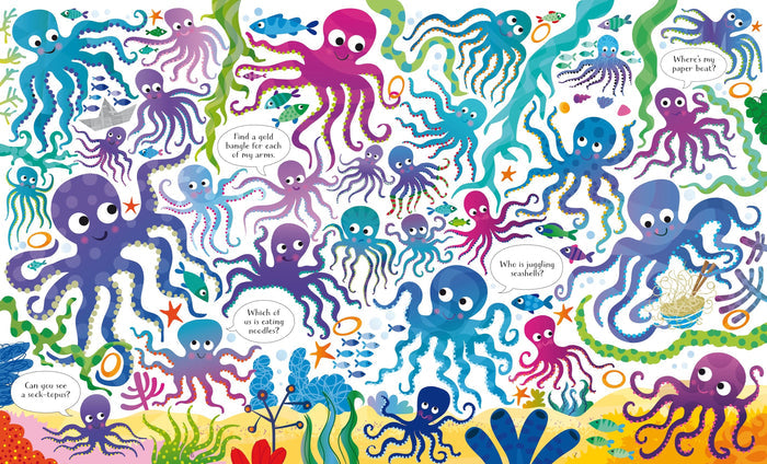 A vibrant illustration with many colorful octopuses, fish, and seaweed, featuring search-and-find questions for kids.