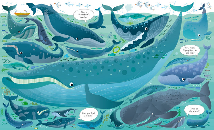 Vibrant teal and blue illustration of various whales and fish with interactive search-and-find speech bubbles.