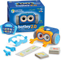 Blue and orange toy robot with big eyes, claw arms, remote, and arrow cards shown with its blue product box.