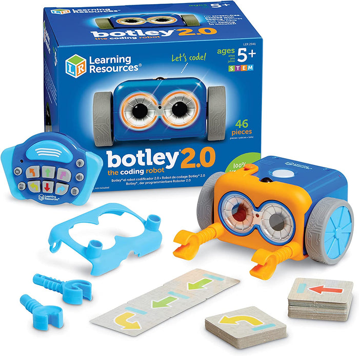 Blue and orange toy robot with big eyes, claw arms, remote, and arrow cards shown with its blue product box.