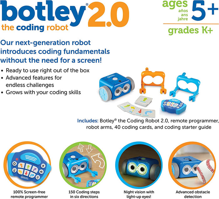 Blue robot with big eyes, grey wheels, remote programmer, colorful snap-on arms, and coding cards for screen-free play.