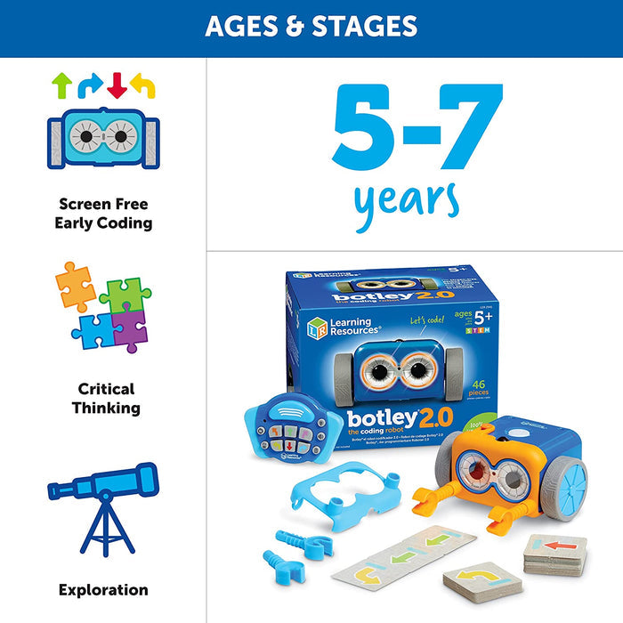 Blue and orange robot with remote and accessories shown with ages 5-7 text and early coding skill icons.