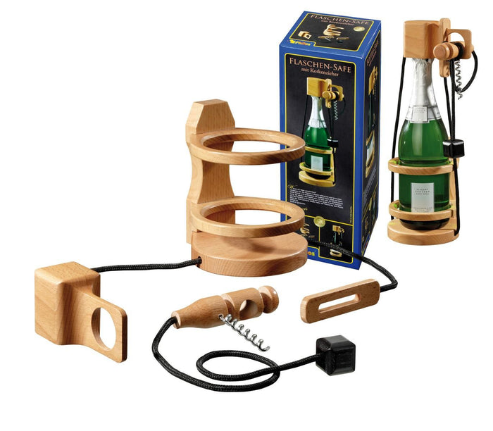 Wooden bottle puzzle pieces and blue box beside a wine bottle locked in the stand with black cord and corkscrew.