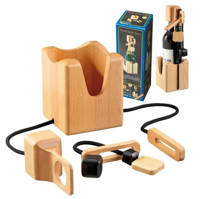 Light wood bottle lock with black cord and blocks, shown with its blue box and assembled on a wine bottle.