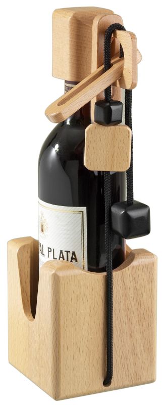 Light wood wine bottle puzzle with a base, top cap, and black cord with cubes locking the bottle in place.