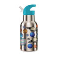 Silver stainless steel water bottle with a solar system planet print and a blue flip-top lid with a carry loop.