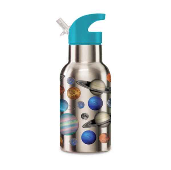 Silver stainless steel water bottle with a solar system planet print and a blue flip-top lid with a carry loop.