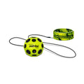 Neon green Moon Ball with black craters attached by a black elastic cord to a matching patterned wristband.