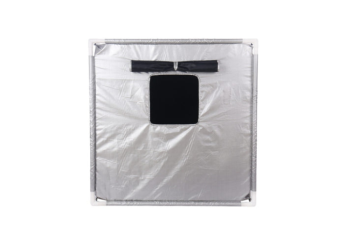 Square silver tent with white frame, featuring a central black window and a rolled-up black fabric cover flap.