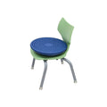 Blue round textured inflatable cushion resting on a light green chair with grey metal legs.