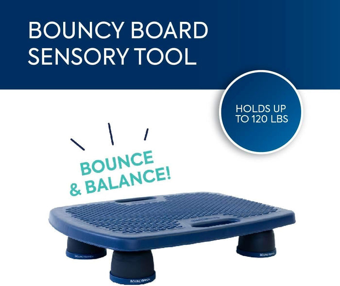 Textured blue rectangular board with side handles and four thick black legs for sensory bouncing and balance.