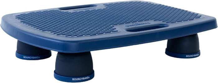 Navy blue rectangular sensory board with textured surface, handle cutouts, and four thick bouncy rubber feet.