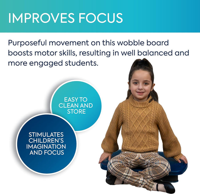 Girl sits on a blue wobble board. Text highlights improved focus, motor skills, imagination, and easy storage.