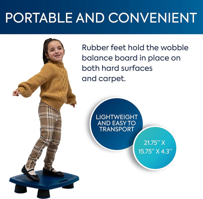 Girl balancing on a blue rectangular wobble board with black rubber feet. Dimensions 21.75” x 15.75” x 4.3” shown.