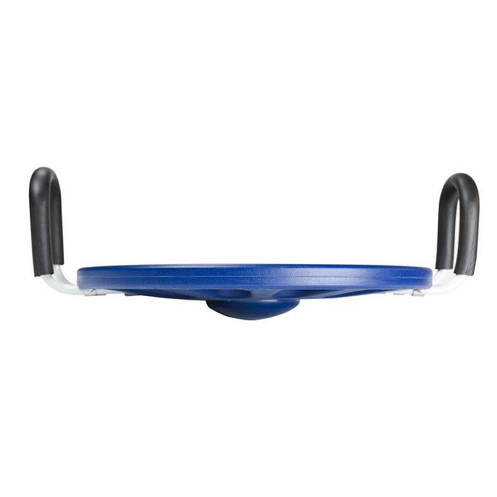 Blue circular balance board with a domed base and black padded handles attached to white side rails.