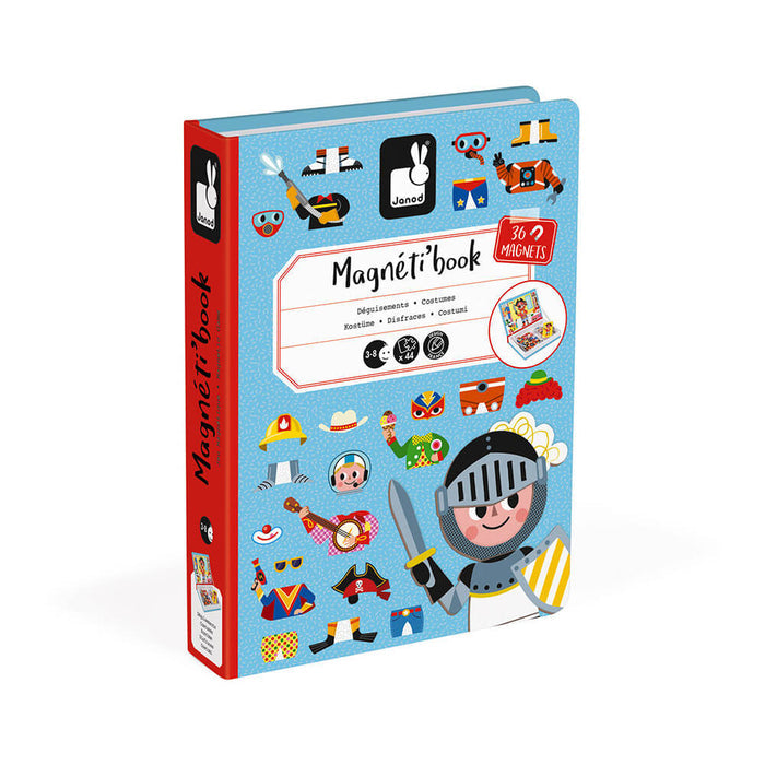 Blue book-shaped magnetic toy box featuring a knight and various colorful costume magnets like hats and masks.