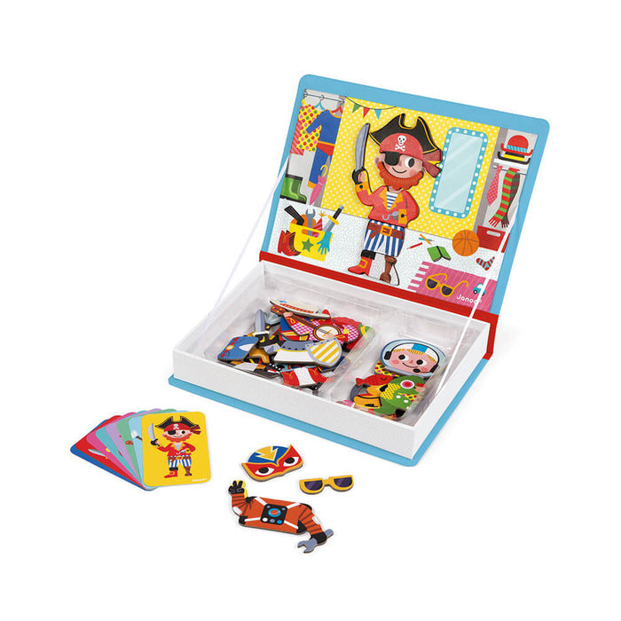 Blue book-shaped magnetic dress-up toy with a pirate scene, colorful outfit magnets, and character cards.