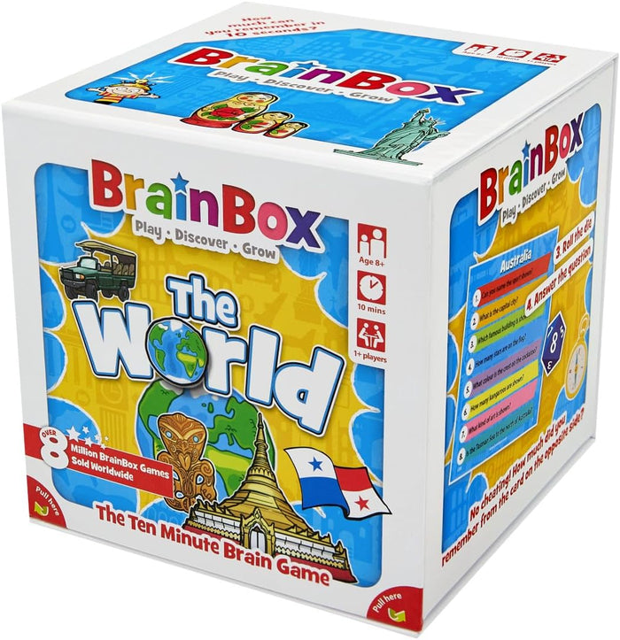 Cube-shaped trivia game box featuring blue and yellow illustrations of a globe, safari truck, and world landmarks.