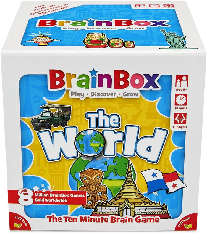 Square game box with vibrant yellow and blue illustrations of a globe, safari vehicle, temple, and world landmarks.
