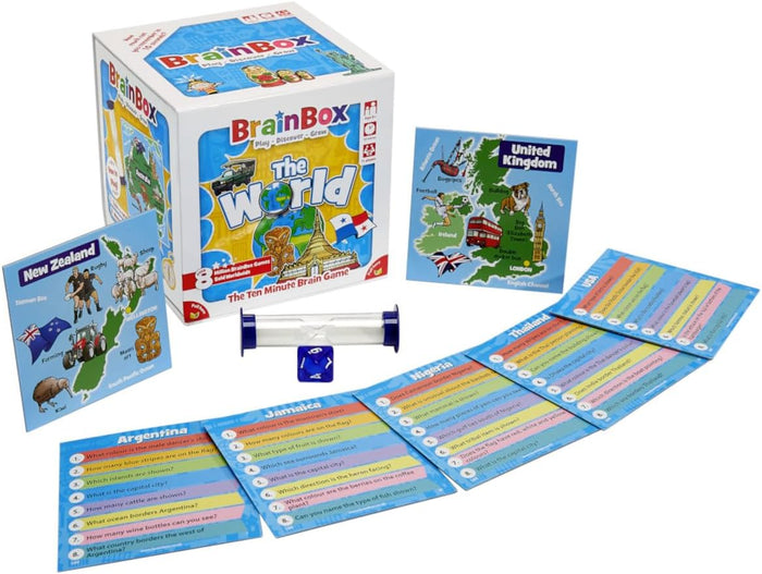 White BrainBox game box with colorful world map cards, an hourglass sand timer, and a blue eight-sided die.