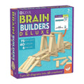 Purple box for KEVA Brain Builders Deluxe showing a wooden plank bridge and sample puzzle cards for ages 7 and up.
