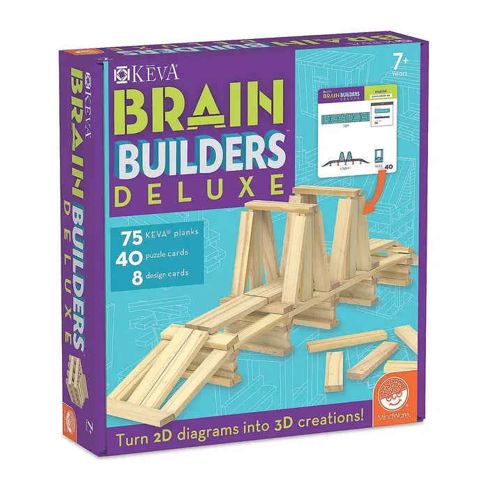 Purple box for KEVA Brain Builders Deluxe showing a wooden plank bridge and sample puzzle cards for ages 7 and up.