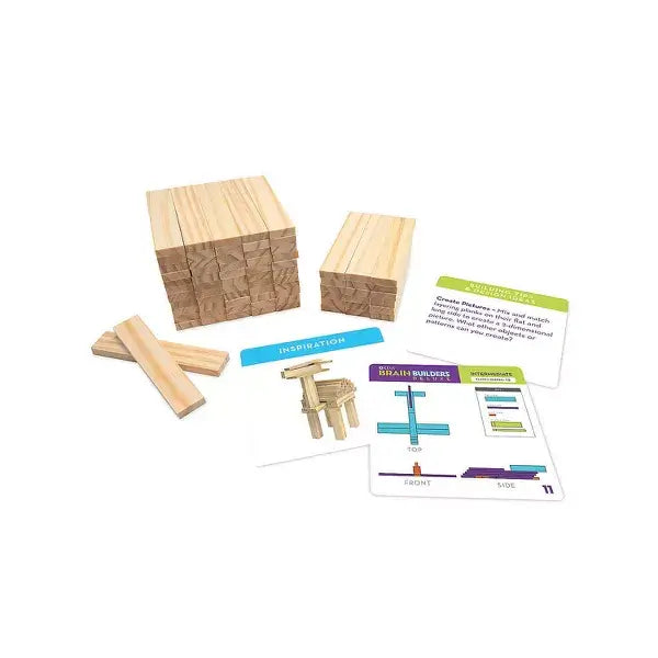 Stacks of light wood building planks and loose pieces with challenge cards showing diagrams and a model figure.