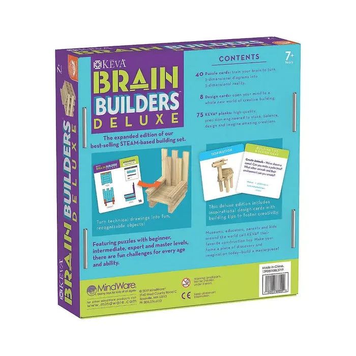 Box for KEVA Brain Builders Deluxe featuring blue and purple graphics, sample wooden structures, and puzzle cards.