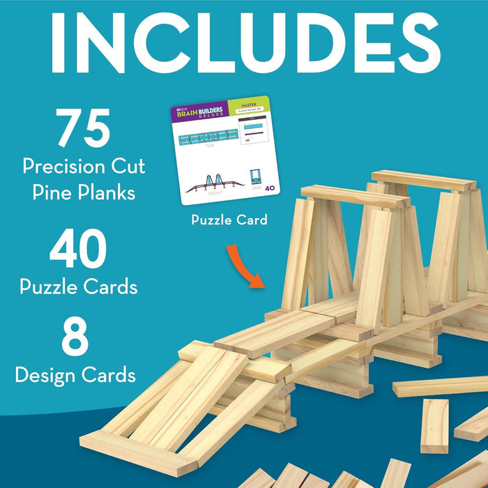 Teal infographic listing 75 pine planks, 40 puzzle cards, and 8 design cards next to a built wooden bridge model.