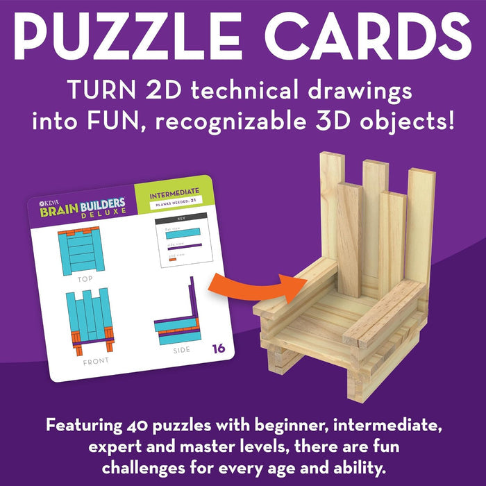 A puzzle card with 2D technical drawings next to a 3D chair built from wooden planks on a purple background.