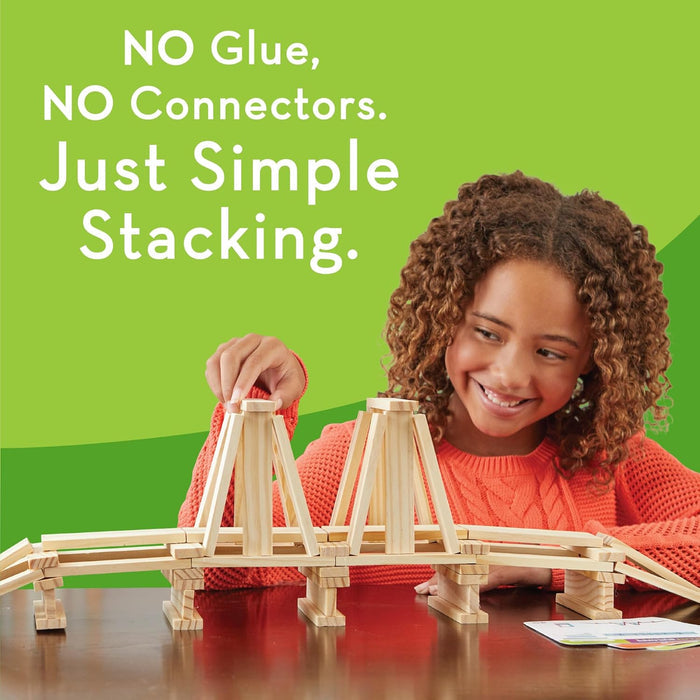 Smiling girl building a wooden bridge with planks. Text: NO Glue, NO Connectors. Just Simple Stacking.