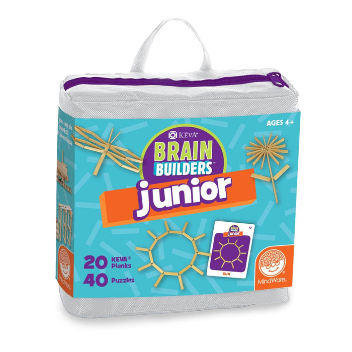 White zippered bag for KEVA planks showing wooden stick sun and star designs on a bright blue and orange label.