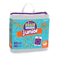 White zippered bag for KEVA planks showing wooden stick sun and star designs on a bright blue and orange label.