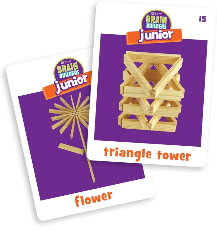Two purple challenge cards showing a wooden plank triangle tower and a flower design.