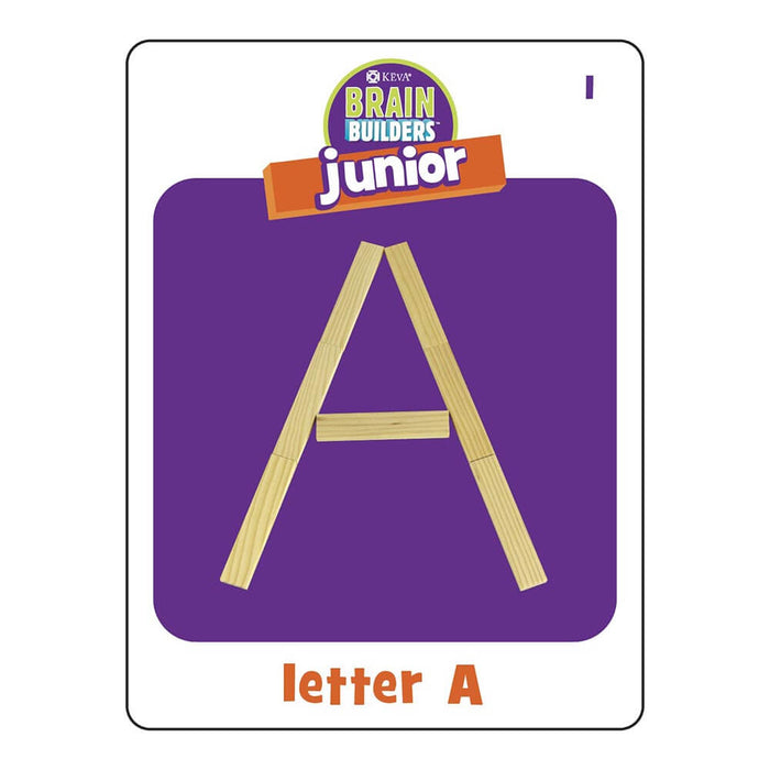 Brain Builders Junior instruction card showing the letter A built with five wooden planks on a purple background.