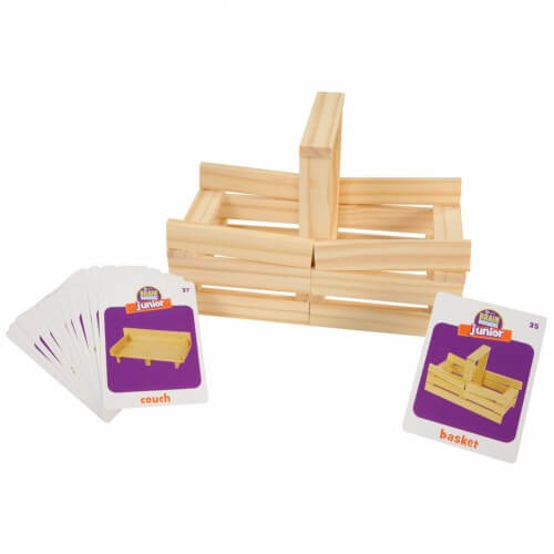 Wooden building set with light pine planks, a completed basket model, and project cards showing different designs.