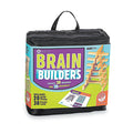 Black zippered case for Brain Builders kit with wooden planks, puzzle cards, and an image of a 3D plank structure.