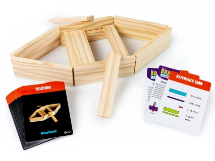 Natural wood building planks arranged in a rowboat shape next to instructional solution and reference cards.