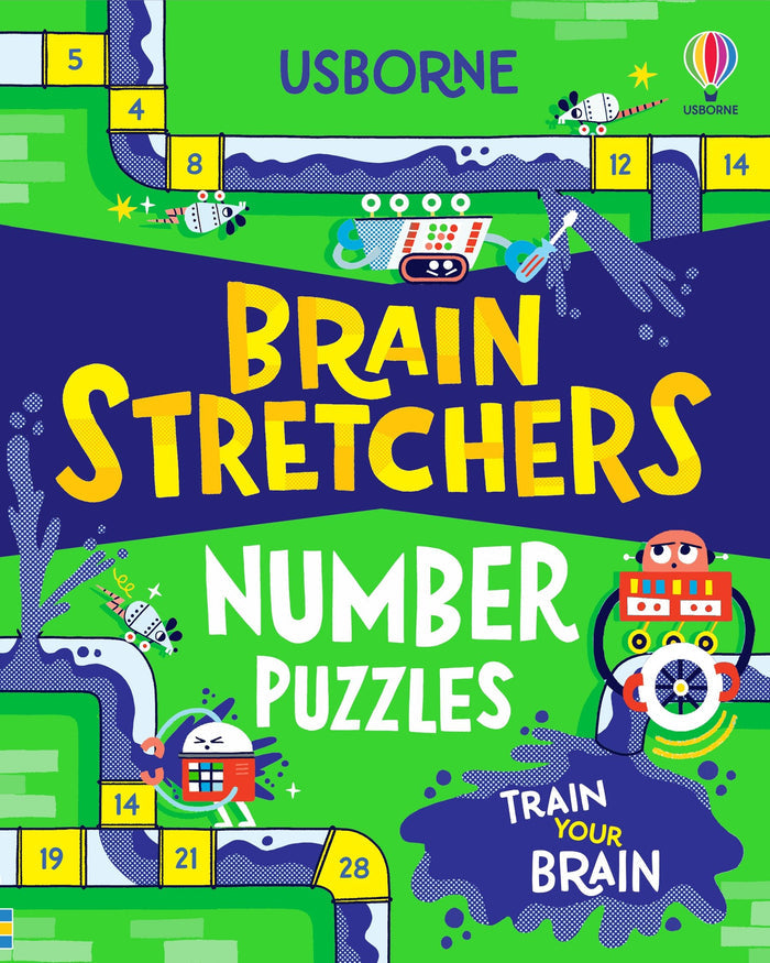 Vibrant activity book cover with cartoon robots and yellow numbered pipes on a bright green and dark blue background.