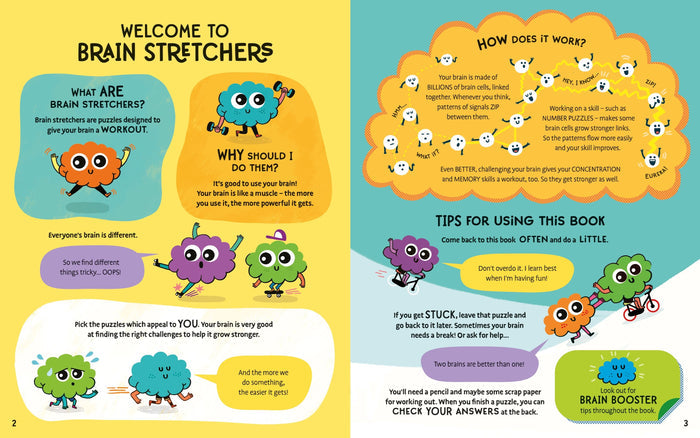 Colorful illustrated book pages featuring cartoon brains exercising and learning, with tips for solving puzzles.